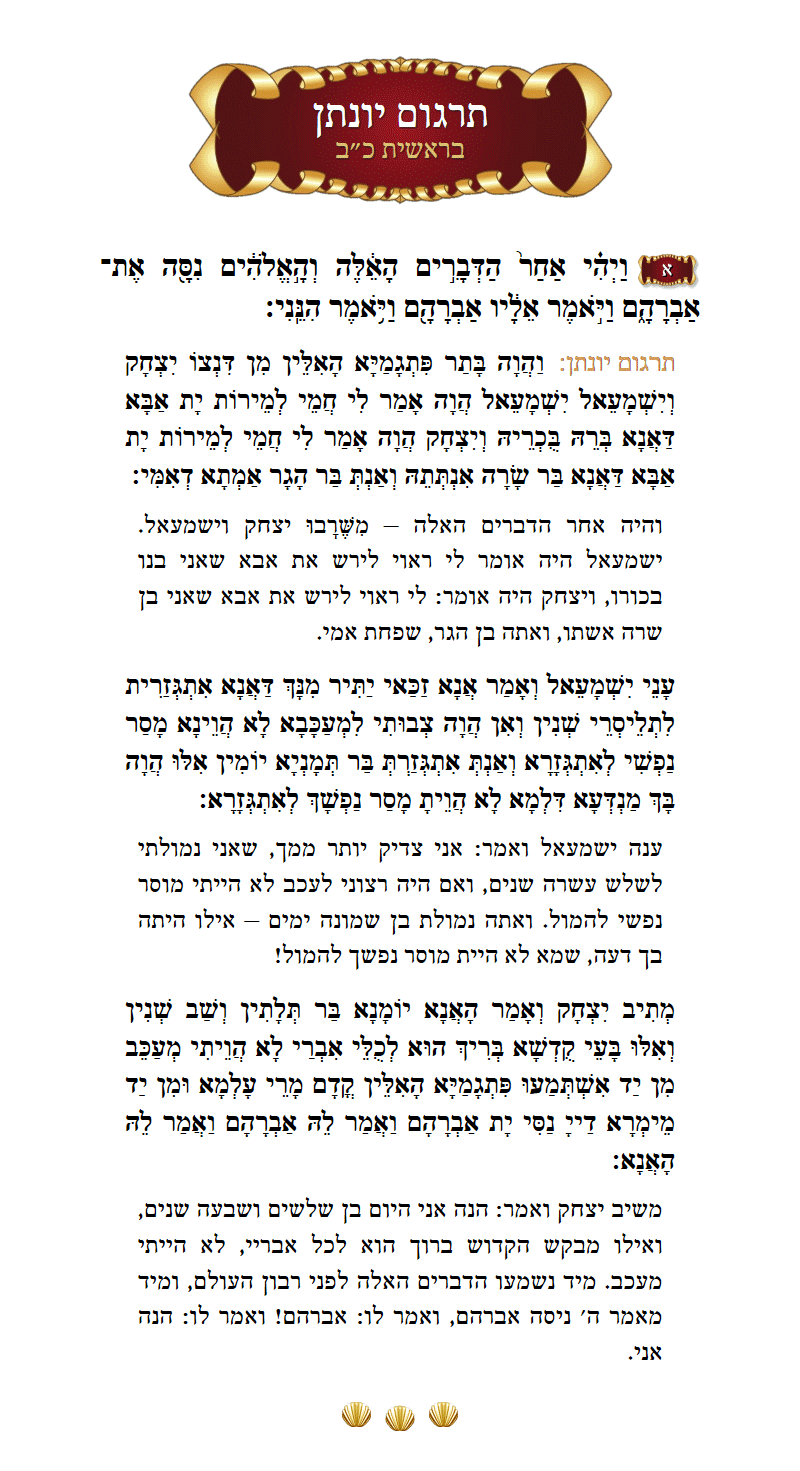 תרגום יונתן בראשית פרק כ״ב פסוק א׳
