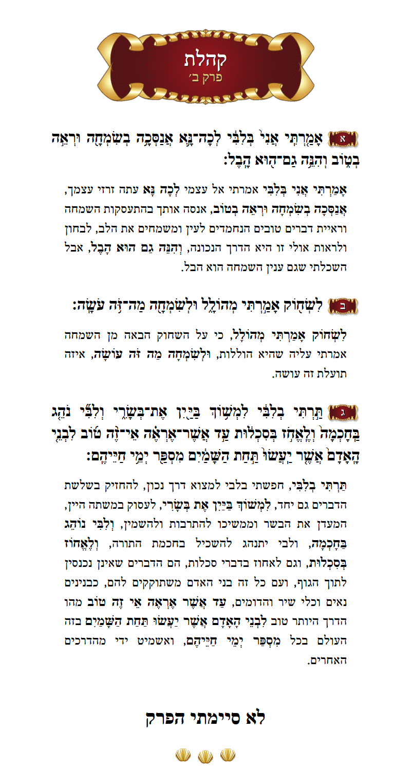 Megillas Koheles Chapter 2 with commentary