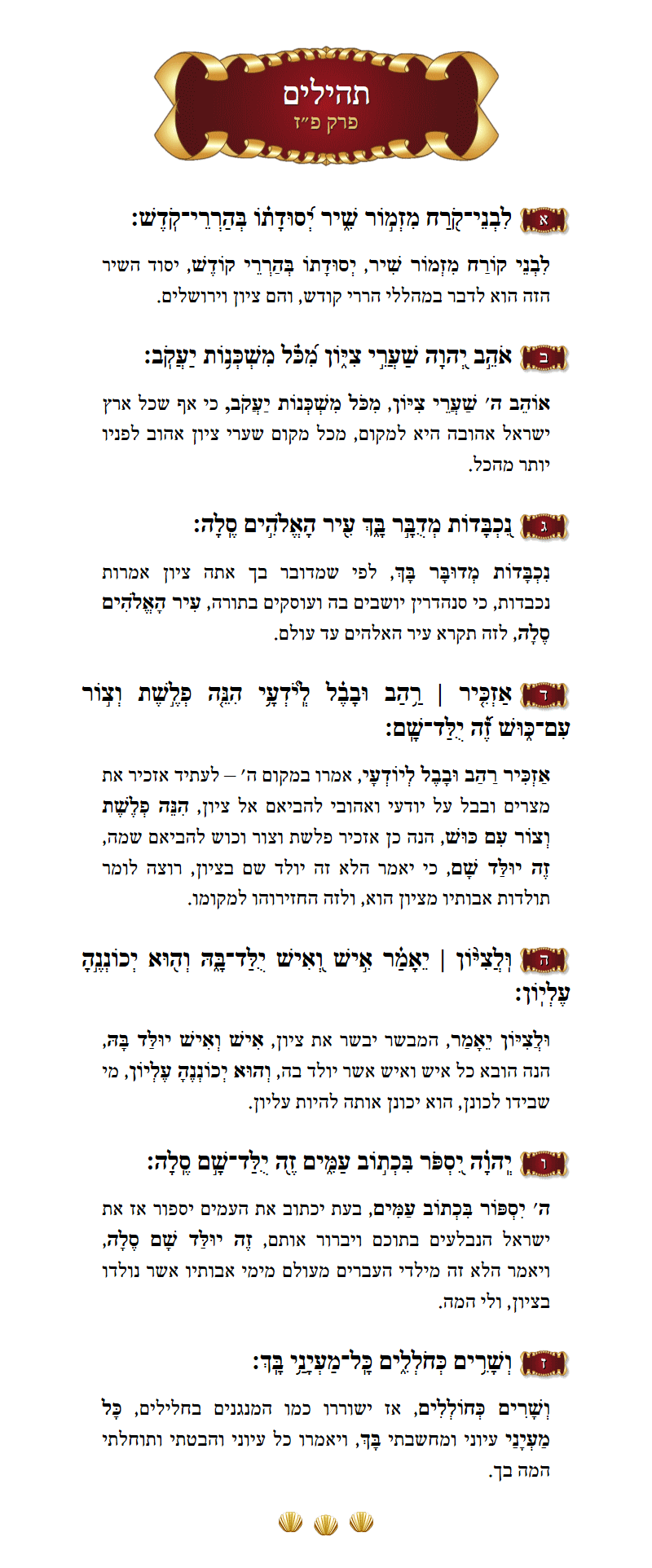 Sefer Tehillim Chapter 87 with commentary