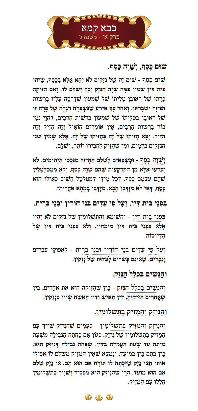 Masechta Bava Kamma Chapter 1 Mishnah 3 with commentary