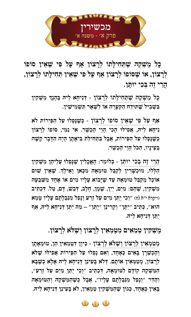 Masechta Machshirin Chapter 1 Mishnah 1 with commentary
