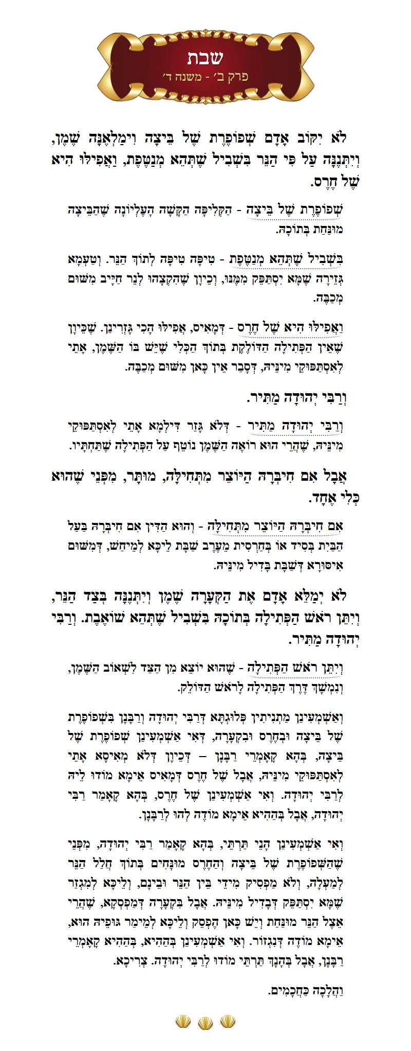 Masechta Shabbos Chapter 2 Mishnah 4 with commentary